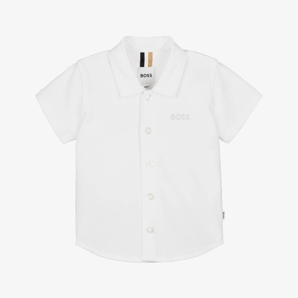 BOSS-Boys White Cotton Piqué Short-Sleeved Shirt | Childrensalon Outlet