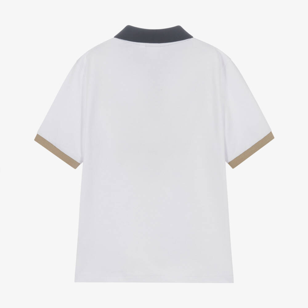 BOSS-Boys White Cotton Polo Shirt with Blue & Beige Trims | Childrensalon Outlet
