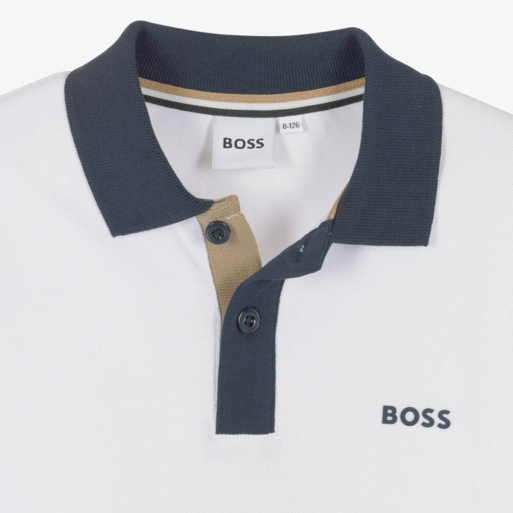 BOSS-Boys White Cotton Polo Shirt with Blue & Beige Trims | Childrensalon Outlet