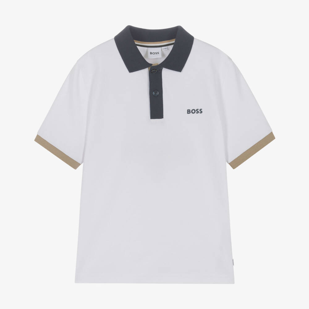 BOSS-Boys White Cotton Polo Shirt with Blue & Beige Trims | Childrensalon Outlet