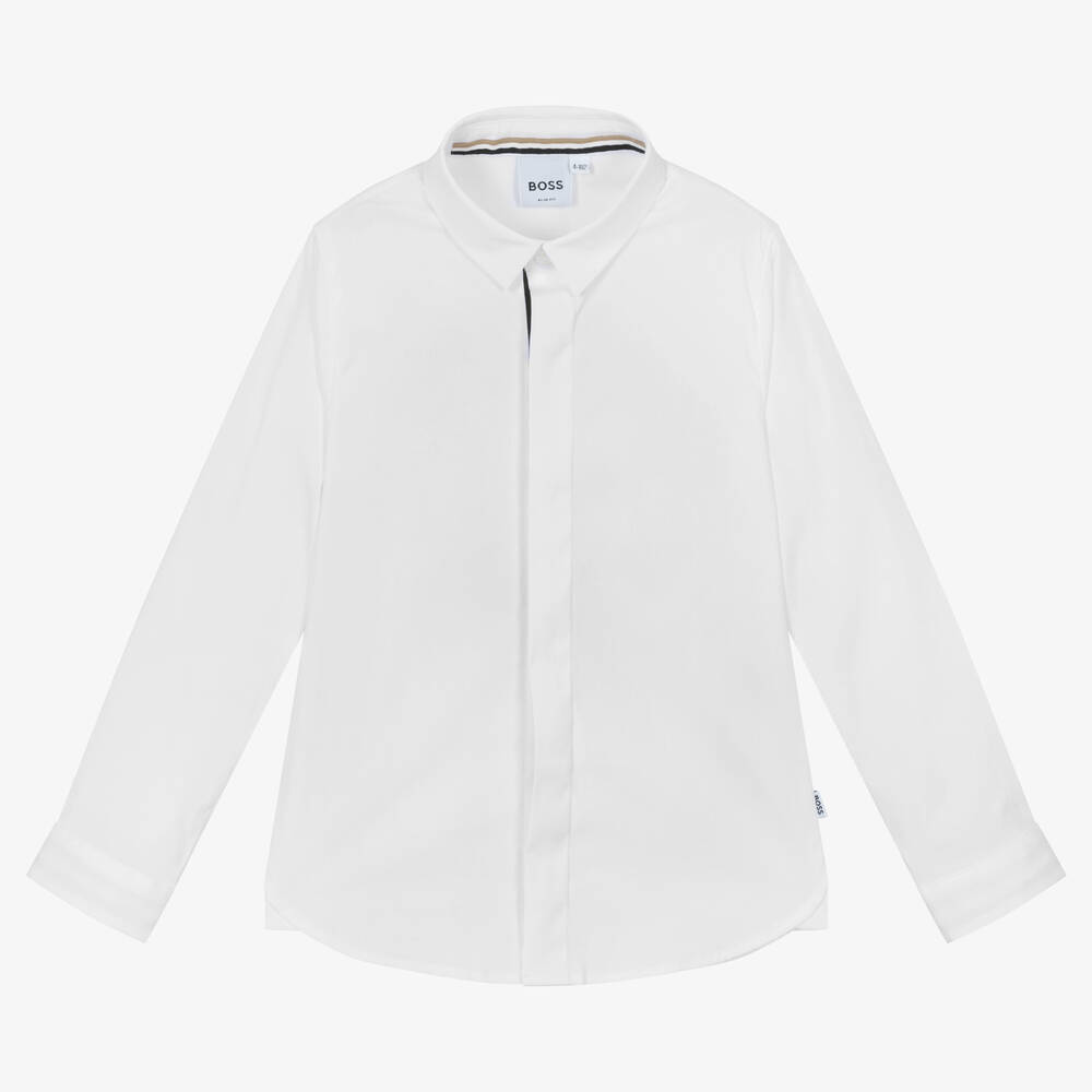 BOSS - قميص سليم- فيت قطن بوبلين لون أبيض للأولاد | Childrensalon