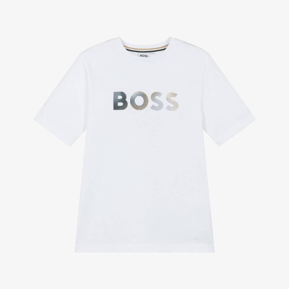 BOSS-Boys White Cotton T-Shirt with Gradient Logo | Childrensalon Outlet