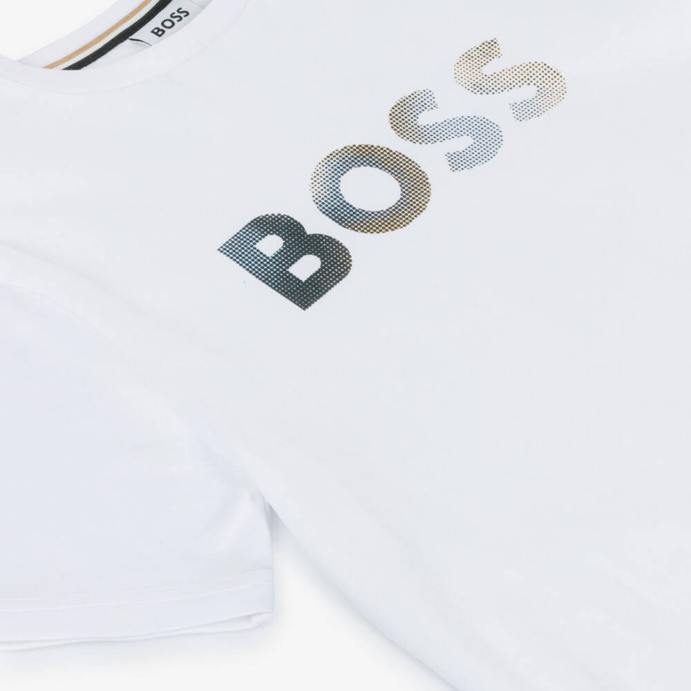BOSS-Boys White Cotton T-Shirt with Gradient Logo | Childrensalon Outlet