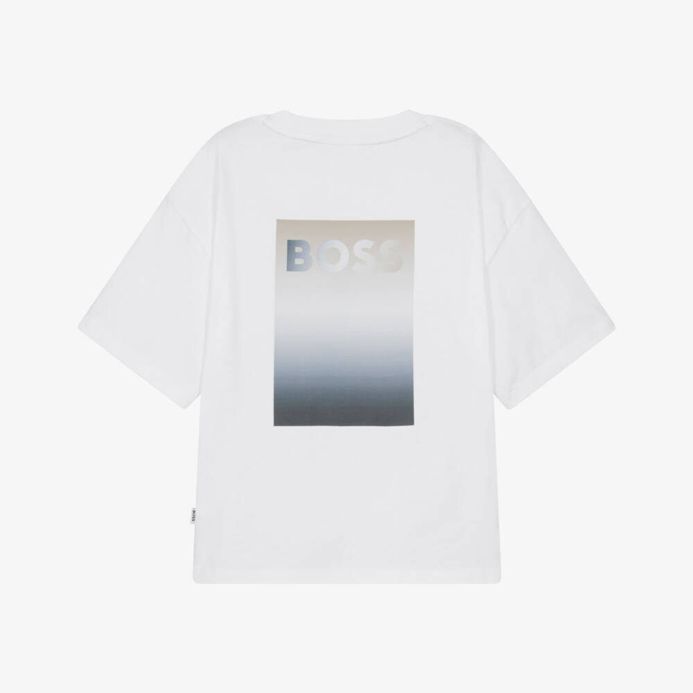 BOSS-Boys White Cotton T-Shirt with Ombré Logo | Childrensalon Outlet