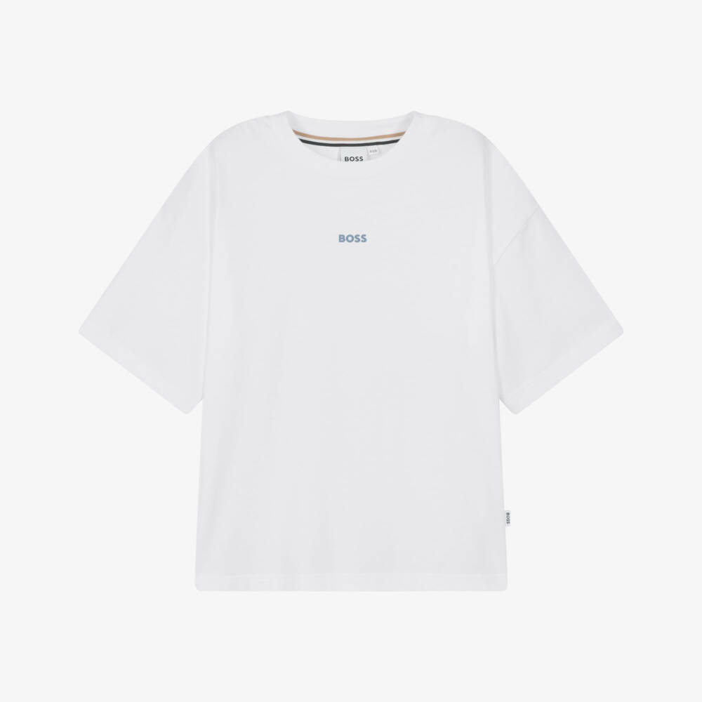 BOSS-Boys White Cotton T-Shirt with Ombré Logo | Childrensalon Outlet