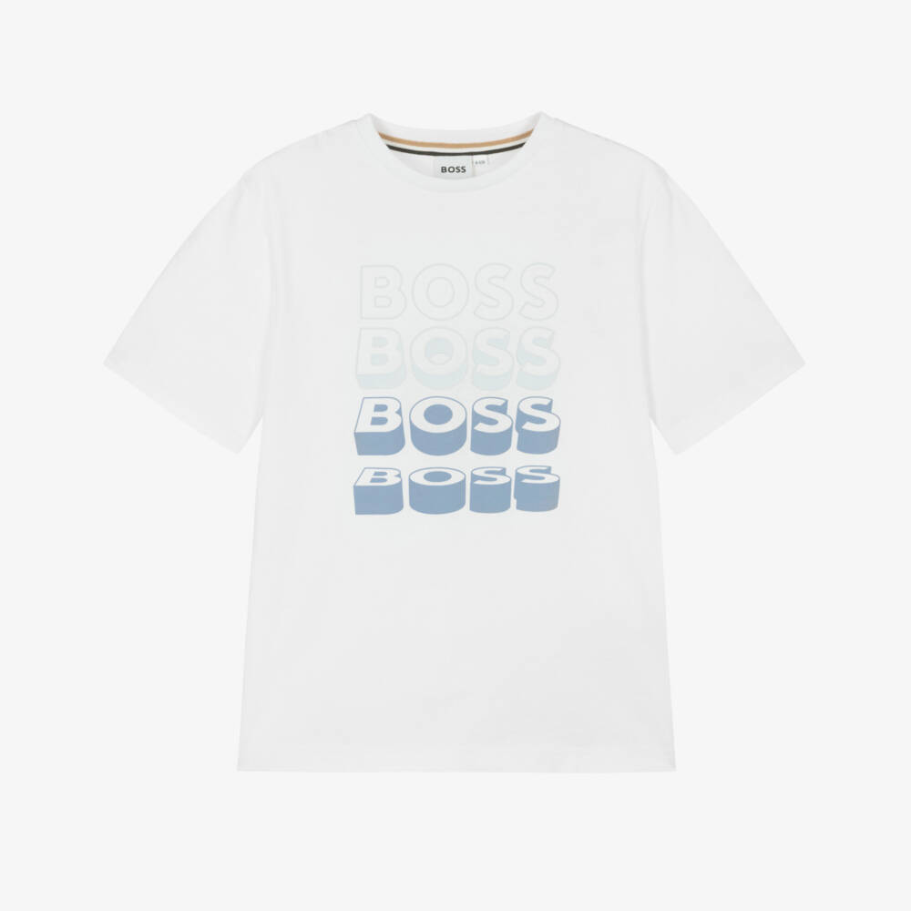 BOSS-Boys White Cotton T-Shirt with Repeat Logo | Childrensalon Outlet