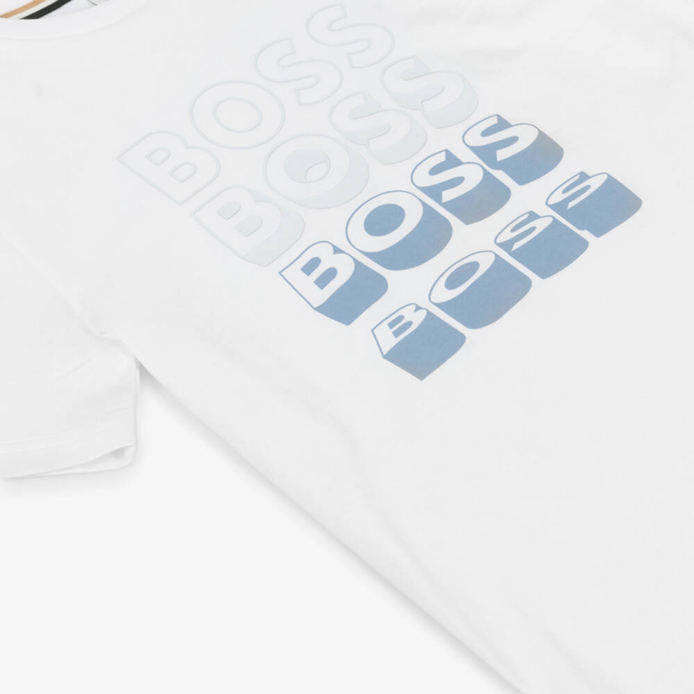 BOSS-Boys White Cotton T-Shirt with Repeat Logo | Childrensalon Outlet