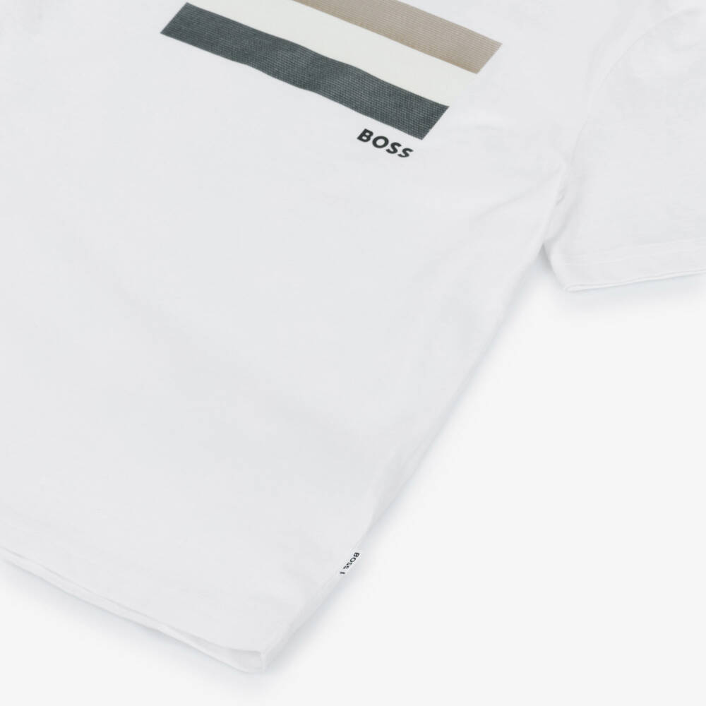 BOSS-Boys White Cotton T-Shirt with Tricolour Logo Print | Childrensalon Outlet