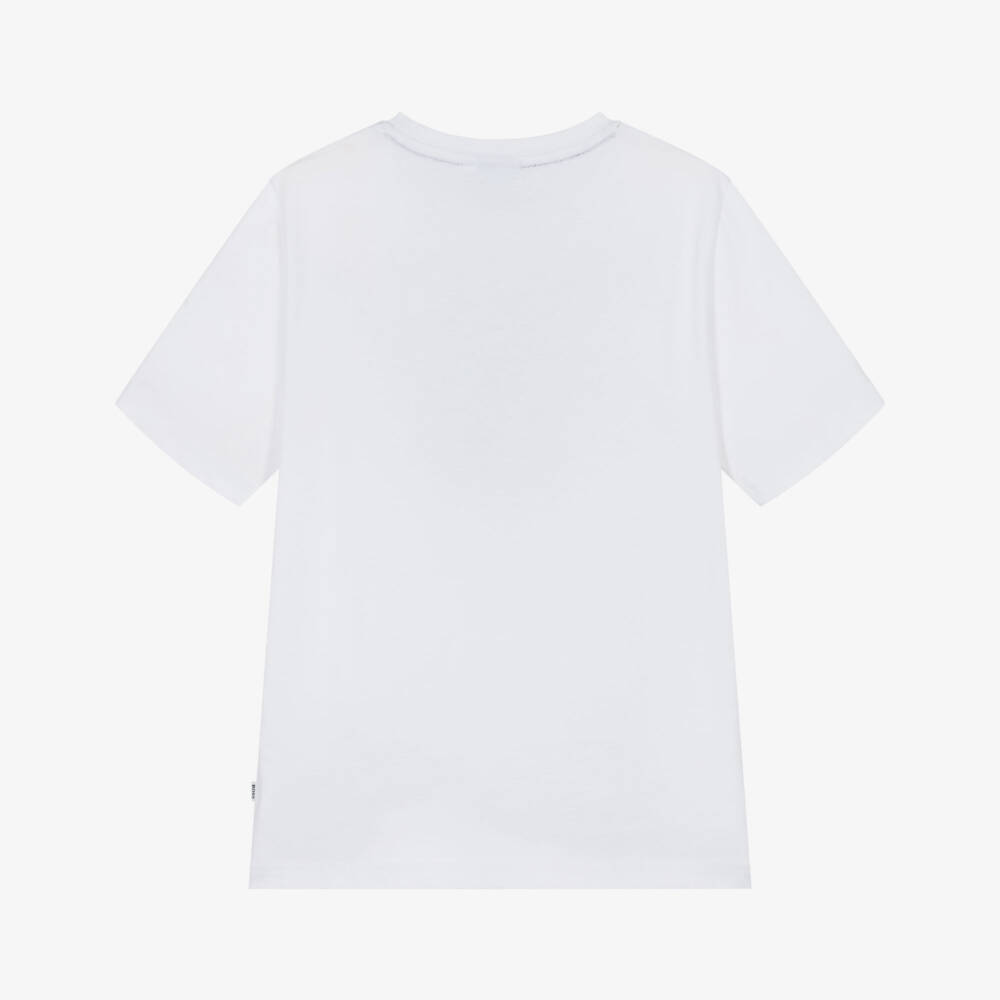 BOSS-Boys White Cotton T-Shirt with Tricolour Logo Print | Childrensalon Outlet