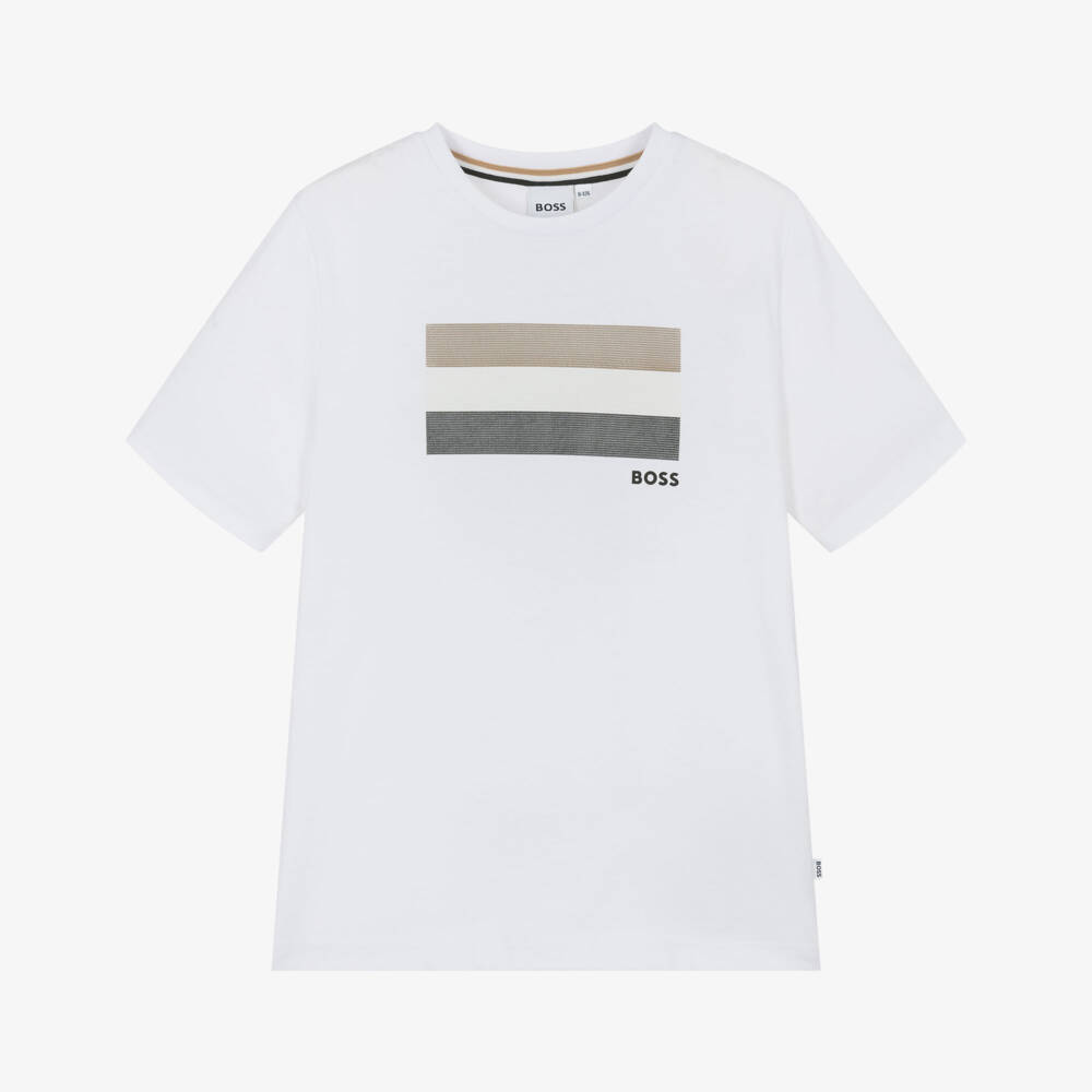 BOSS-Boys White Cotton T-Shirt with Tricolour Logo Print | Childrensalon Outlet