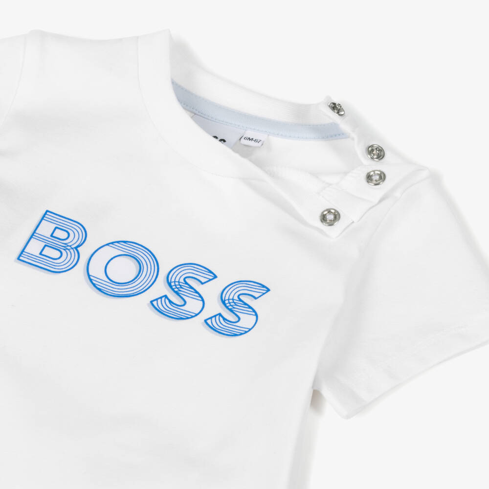 BOSS-Boys White Cotton Tee with Blue Logo | Childrensalon Outlet
