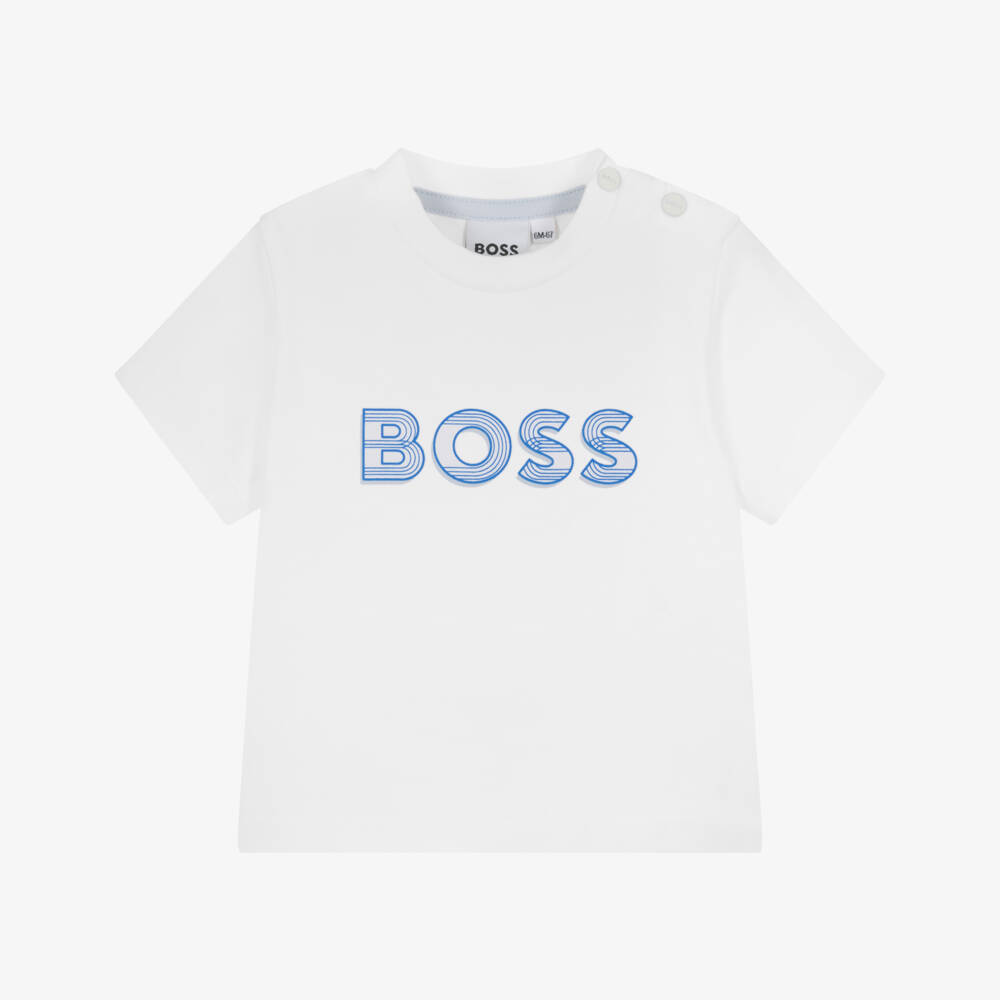 BOSS-Boys White Cotton Tee with Blue Logo | Childrensalon Outlet