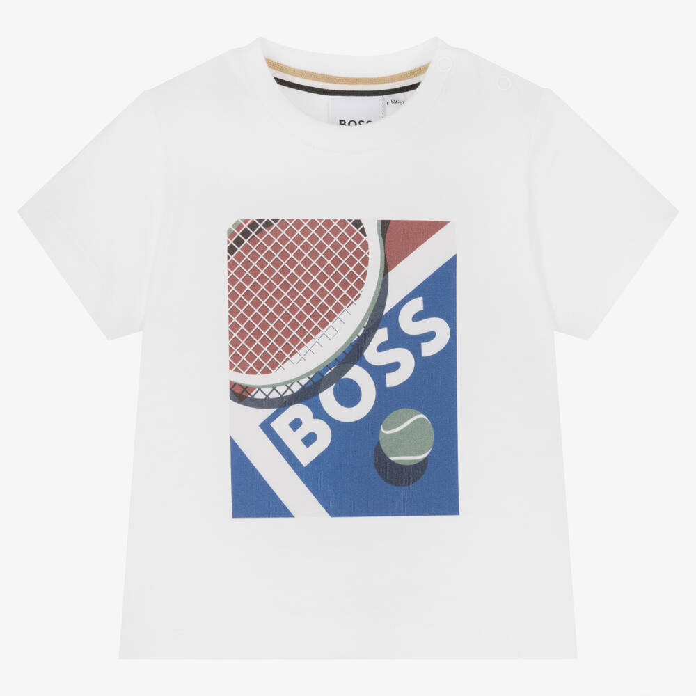 BOSS - Boys White Cotton Tennis Logo T-Shirt | Childrensalon