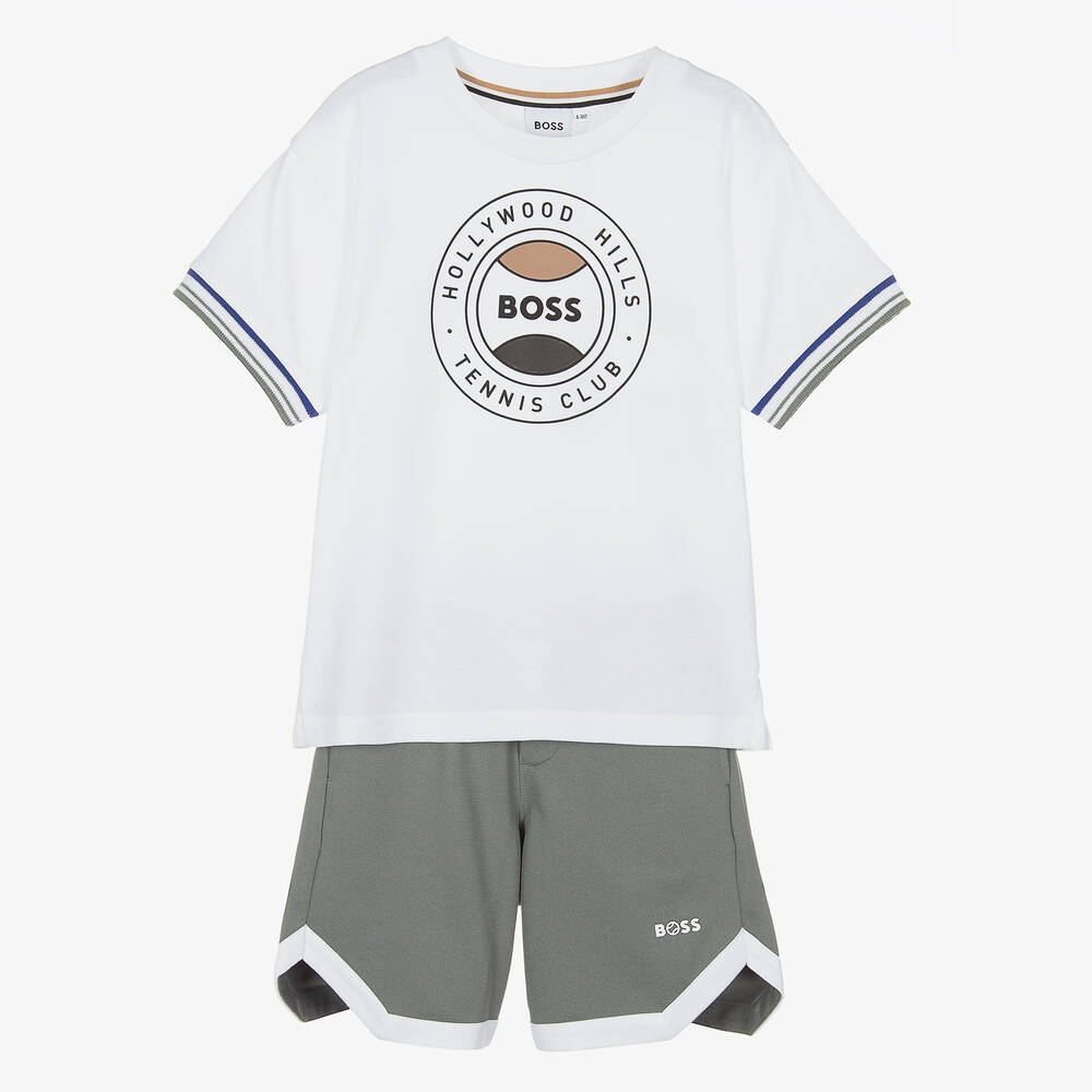BOSS - Boys White & Green Logo Shorts Set | Childrensalon
