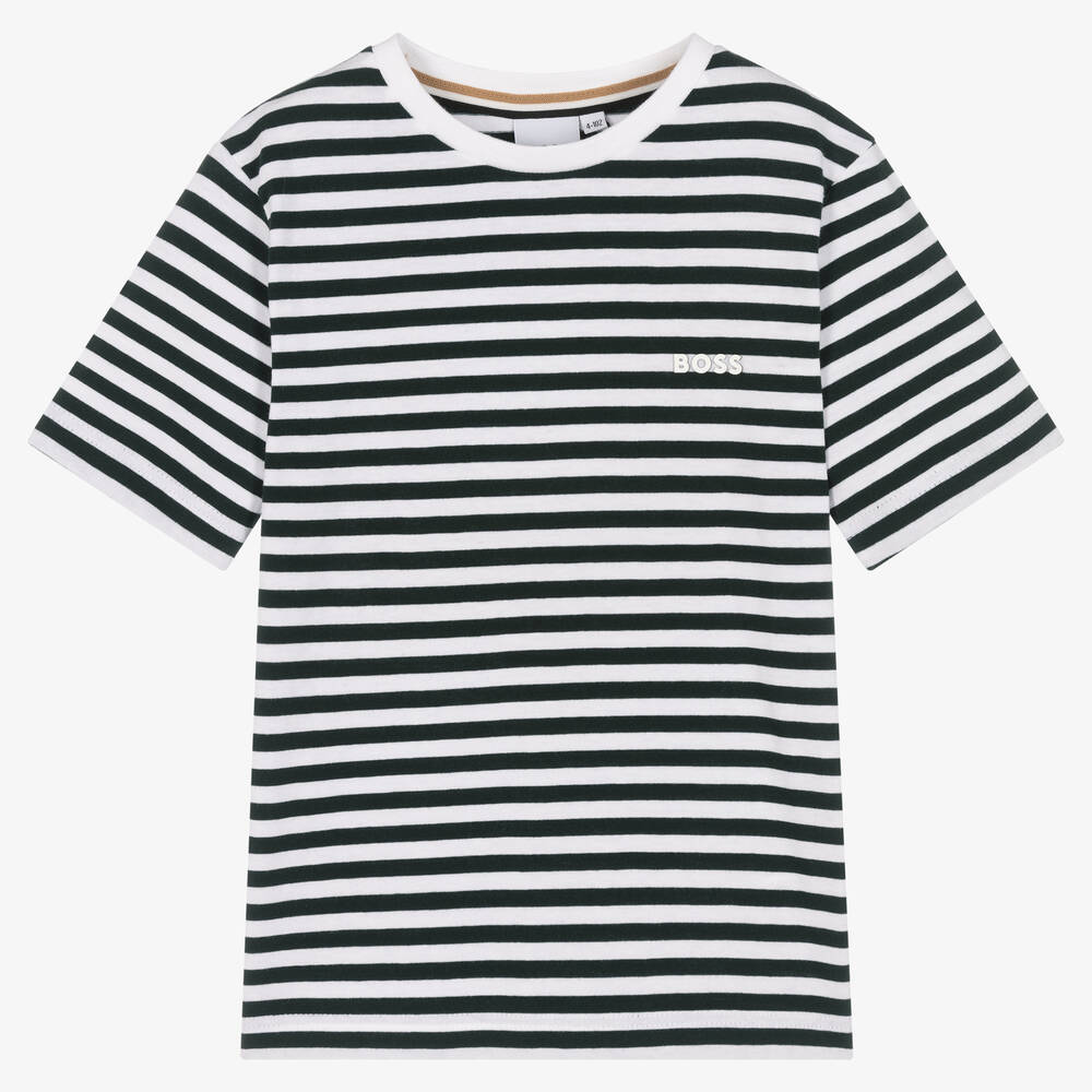 BOSS - Boys White & Green Striped Cotton T-Shirt | Childrensalon