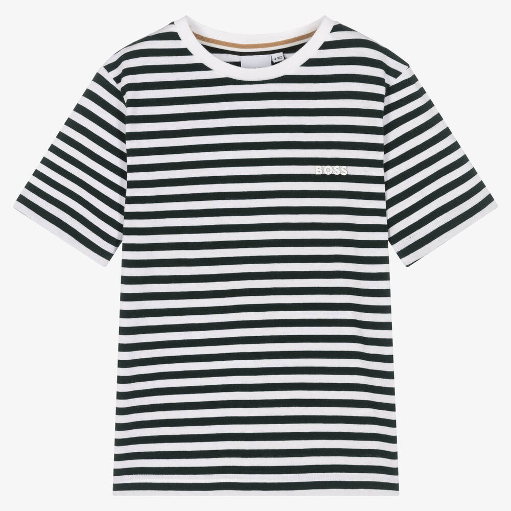 BOSS-Boys White & Green Striped Cotton T-Shirt | Childrensalon Outlet