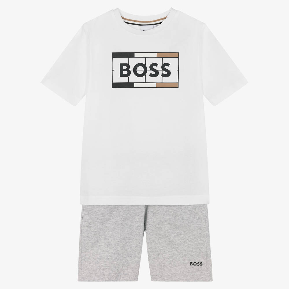 BOSS - Boys White & Grey Cotton Logo Shorts Set  | Childrensalon