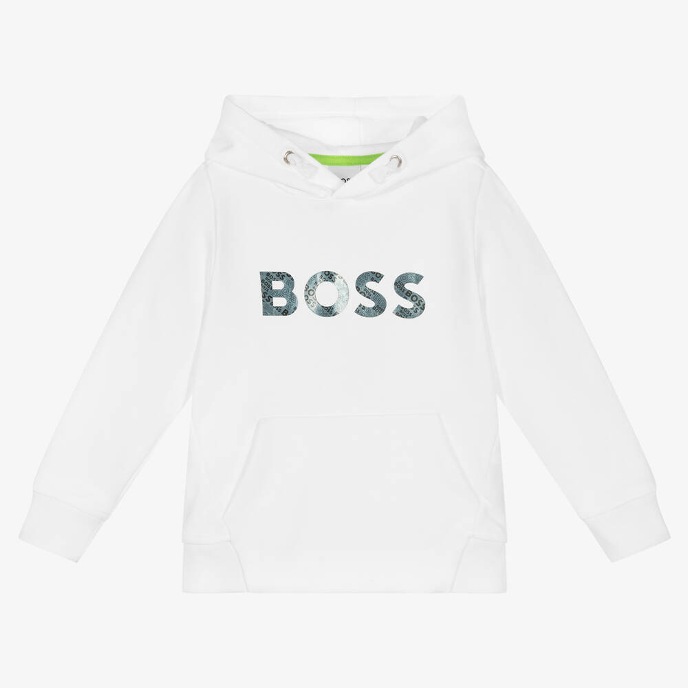 BOSS - Boys White Jersey Logo Hoodie | Childrensalon