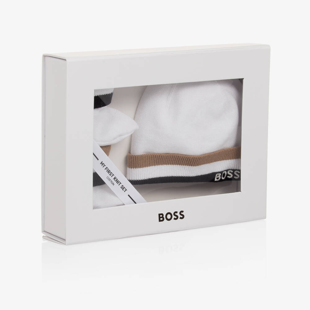 BOSS-Boys White Knit Hat and Booties | Childrensalon Outlet