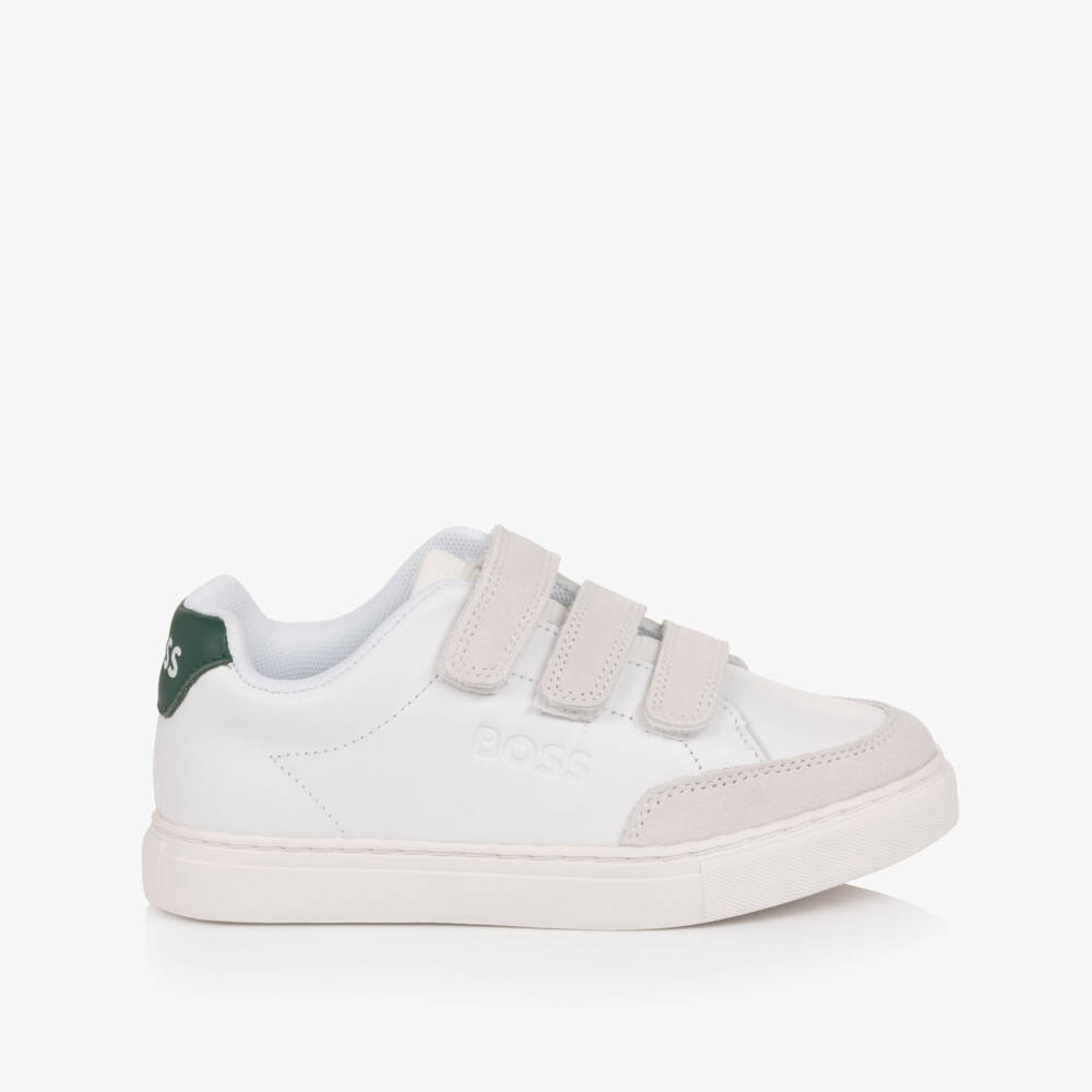 BOSS-Boys White Leather & Grey Suede Velcro Trainers | Childrensalon Outlet