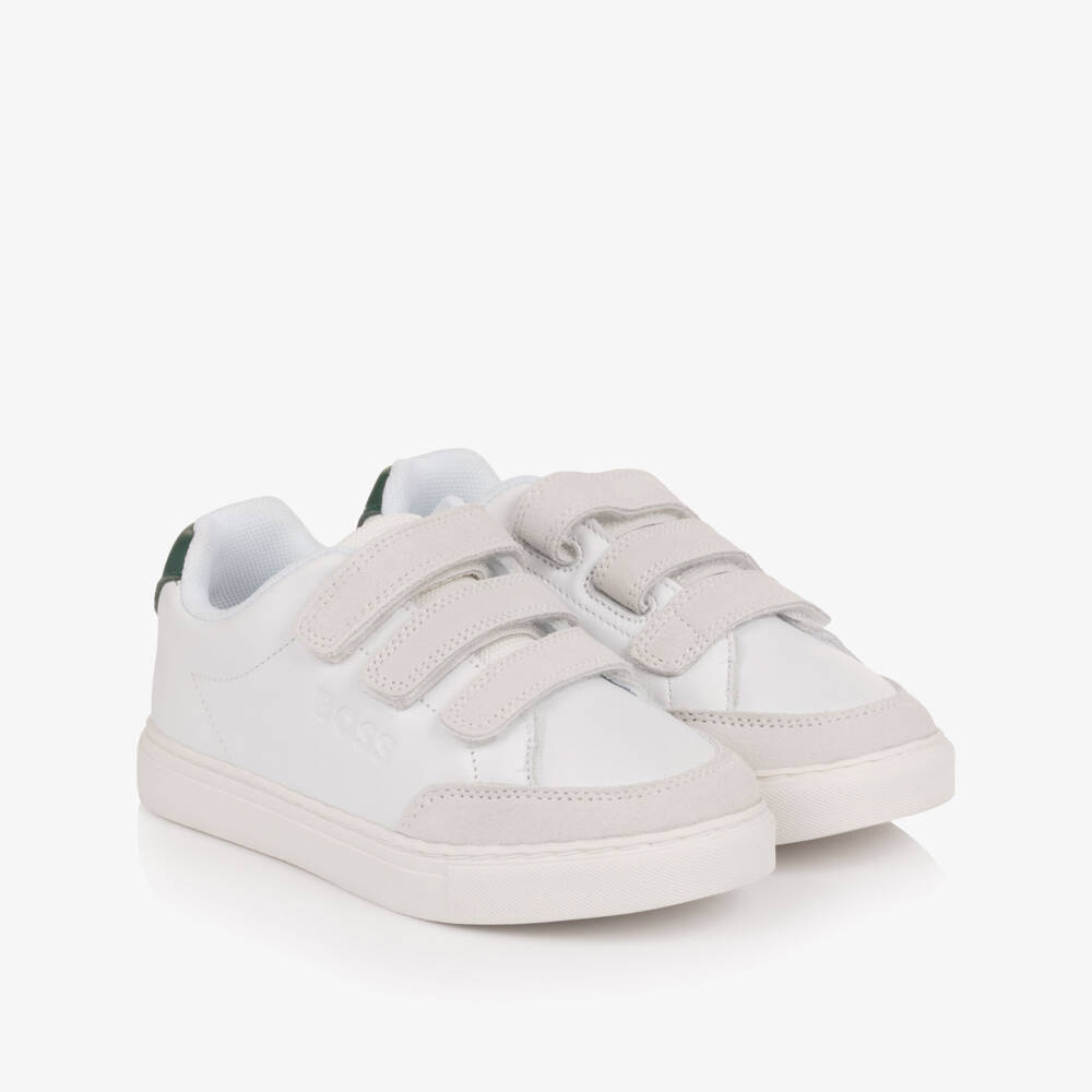 BOSS-Boys White Leather & Grey Suede Velcro Trainers | Childrensalon Outlet