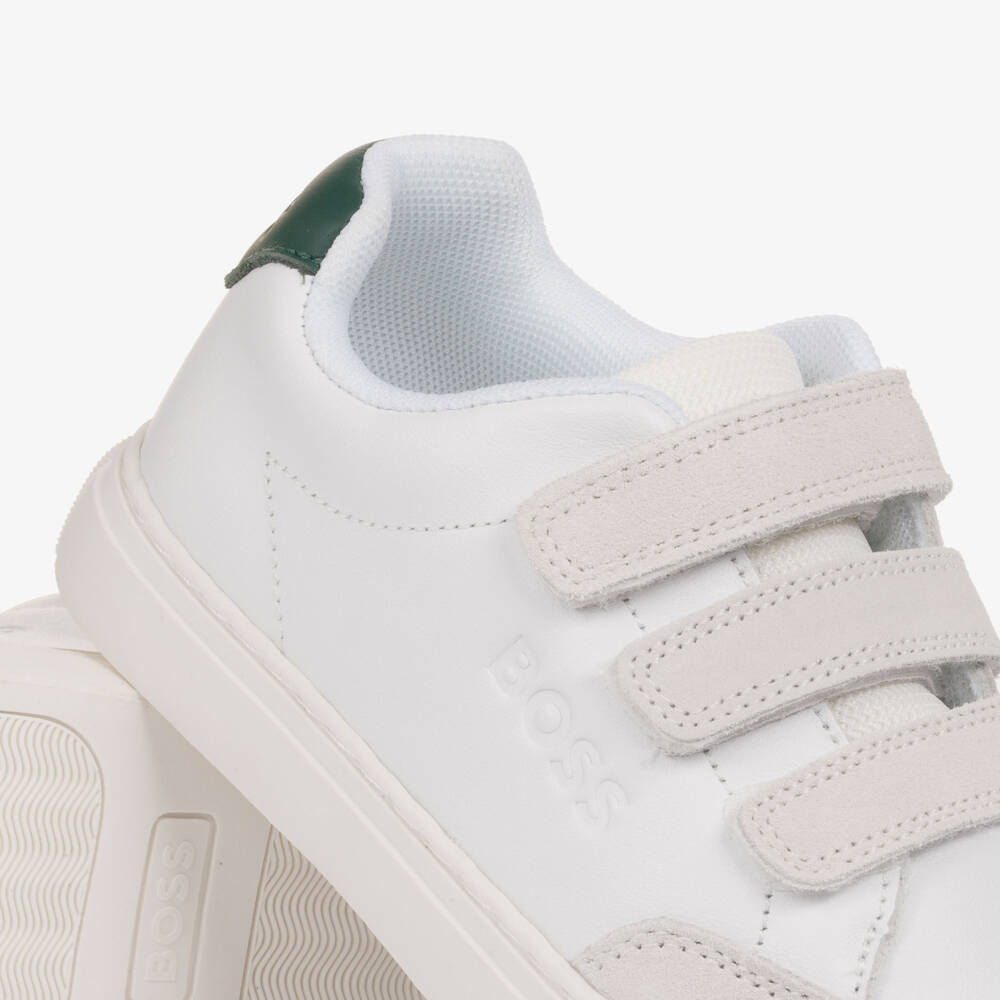 BOSS-Boys White Leather & Grey Suede Velcro Trainers | Childrensalon Outlet
