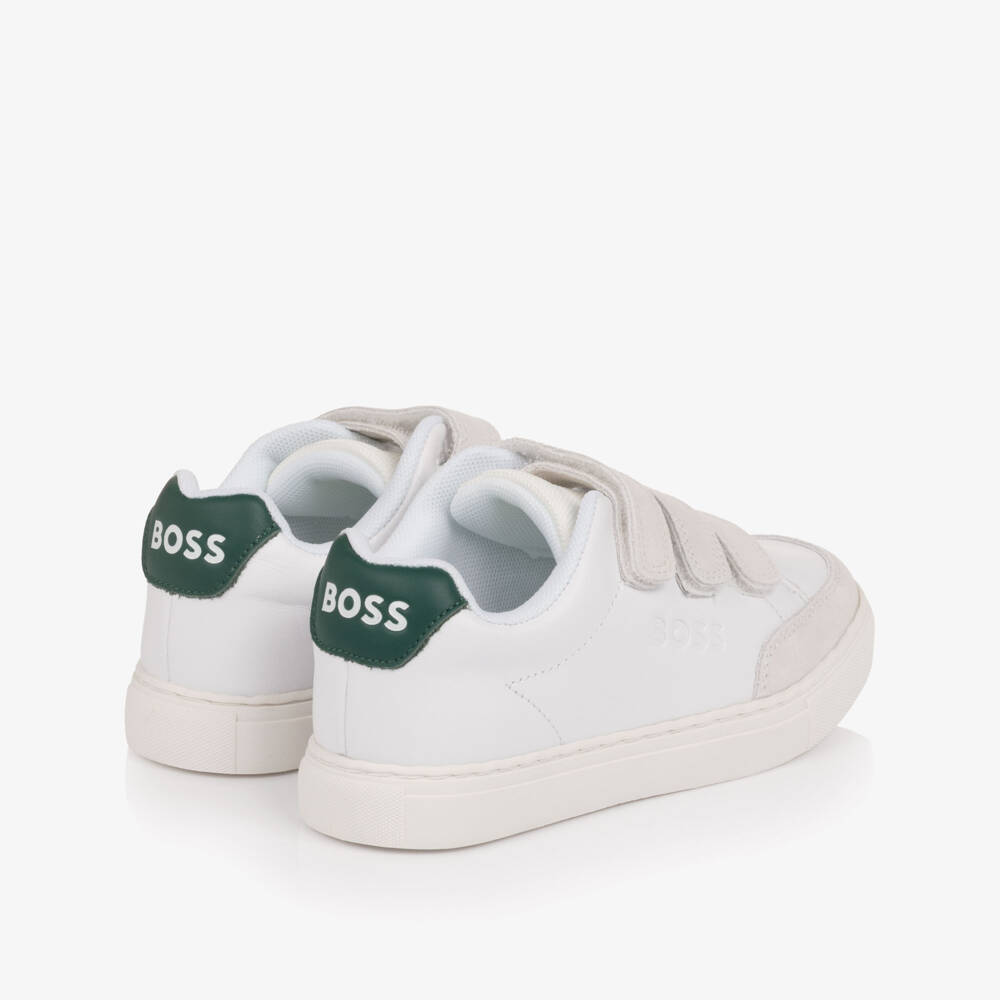 BOSS-Boys White Leather & Grey Suede Velcro Trainers | Childrensalon Outlet