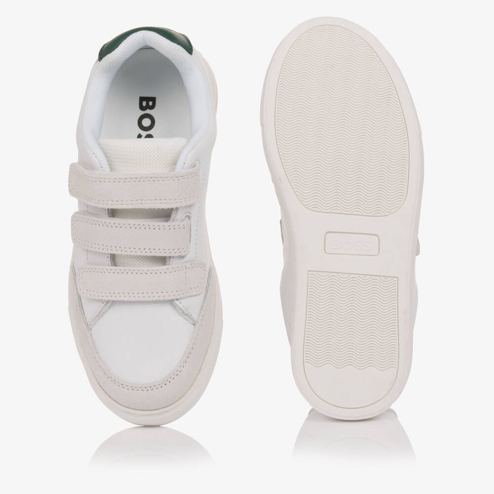 BOSS-Boys White Leather & Grey Suede Velcro Trainers | Childrensalon Outlet