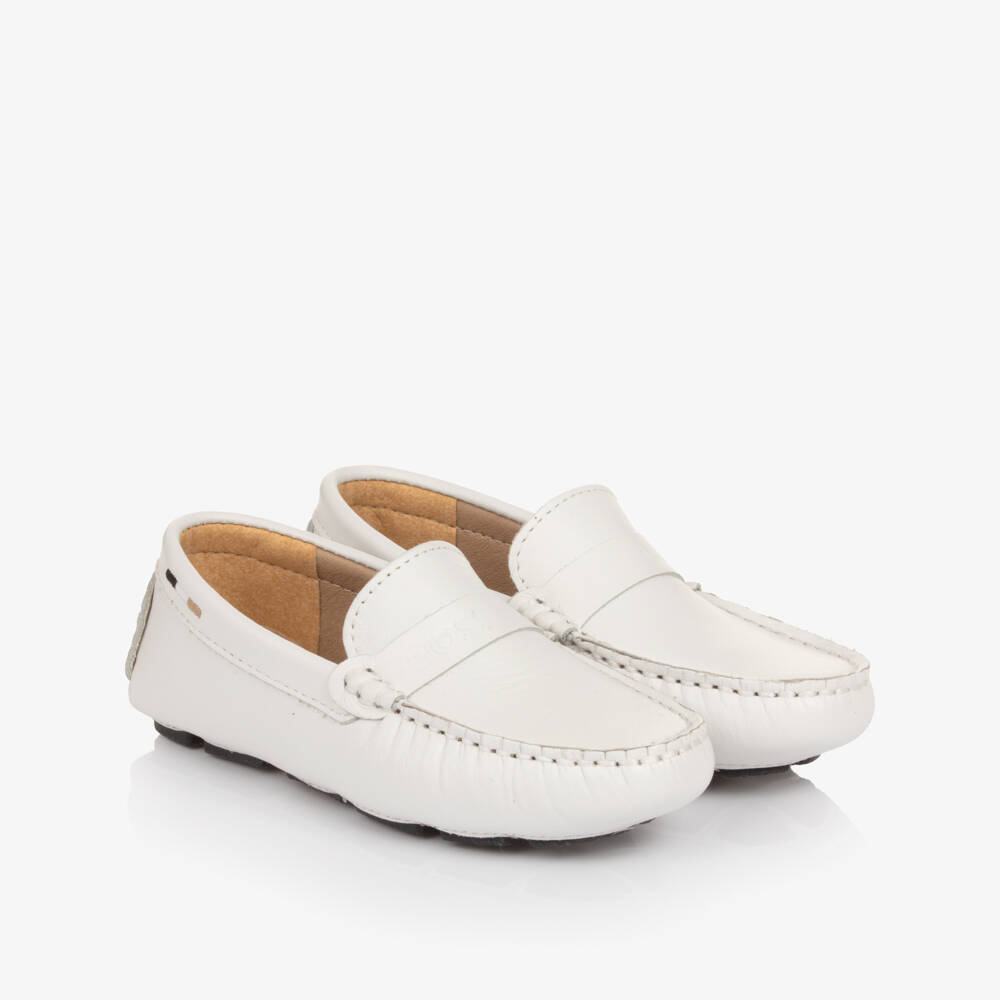 BOSS-Boys White Leather Moccasins with Logo Strap | Childrensalon Outlet