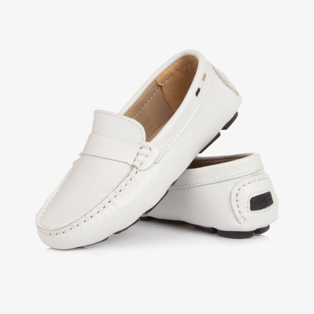 BOSS-Boys White Leather Moccasins with Logo Strap | Childrensalon Outlet