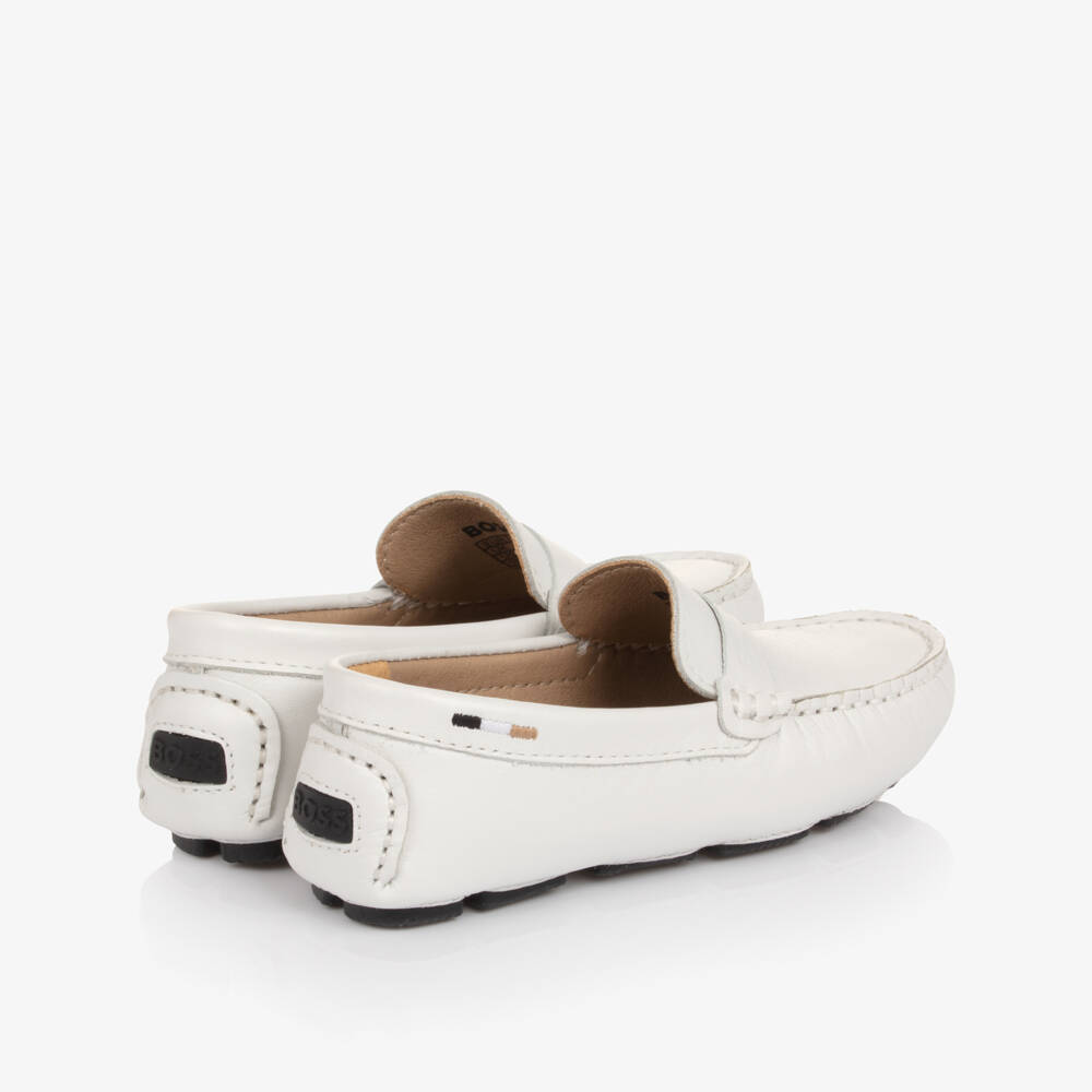 BOSS-Boys White Leather Moccasins with Logo Strap | Childrensalon Outlet