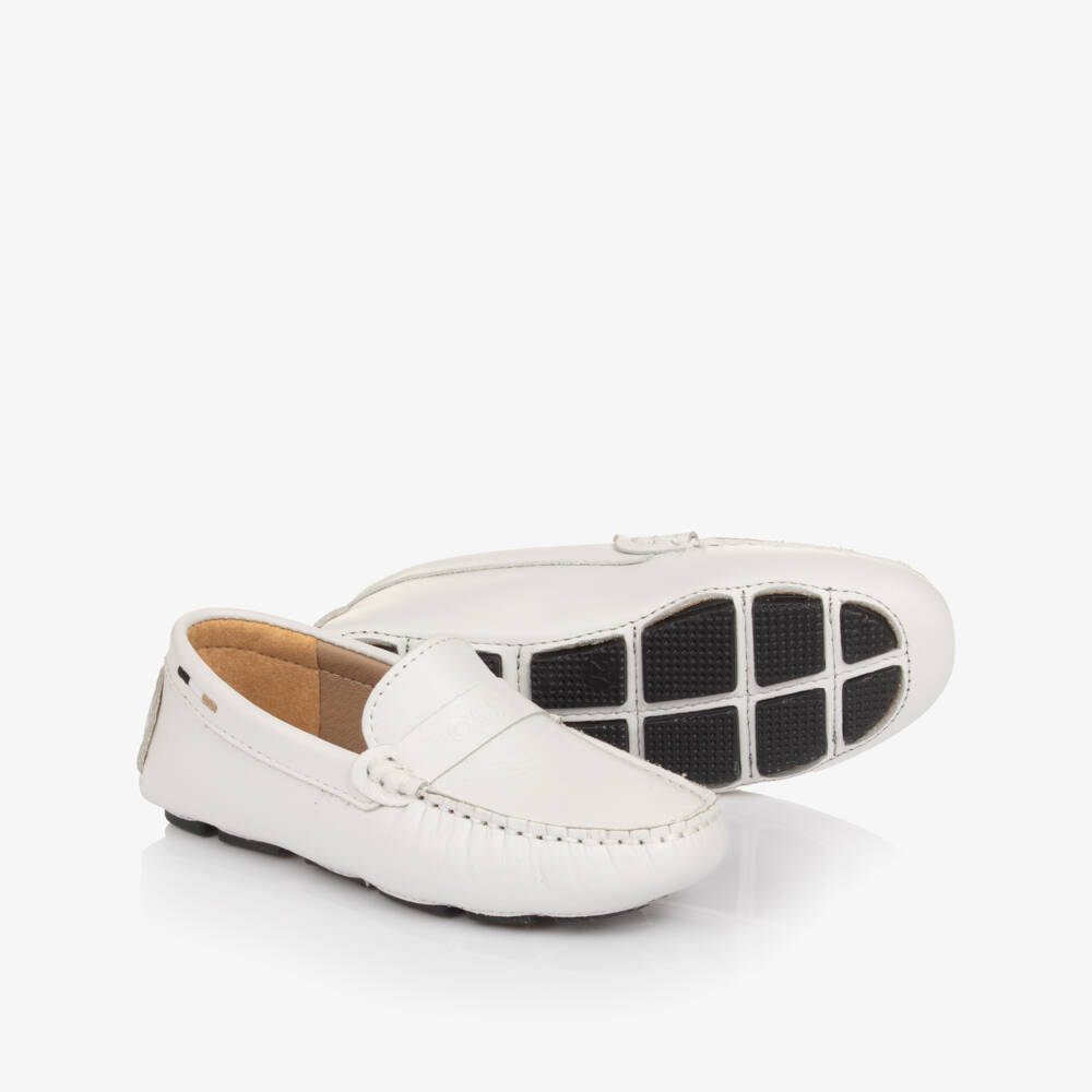 BOSS-Boys White Leather Moccasins with Logo Strap | Childrensalon Outlet