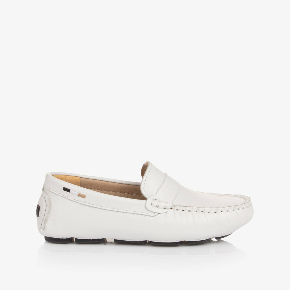 BOSS-Boys White Leather Moccasins with Logo Strap | Childrensalon Outlet