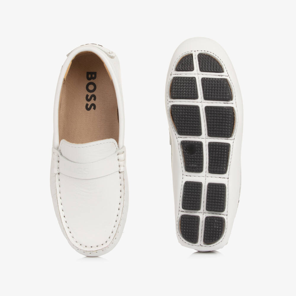 BOSS-Boys White Leather Moccasins with Logo Strap | Childrensalon Outlet