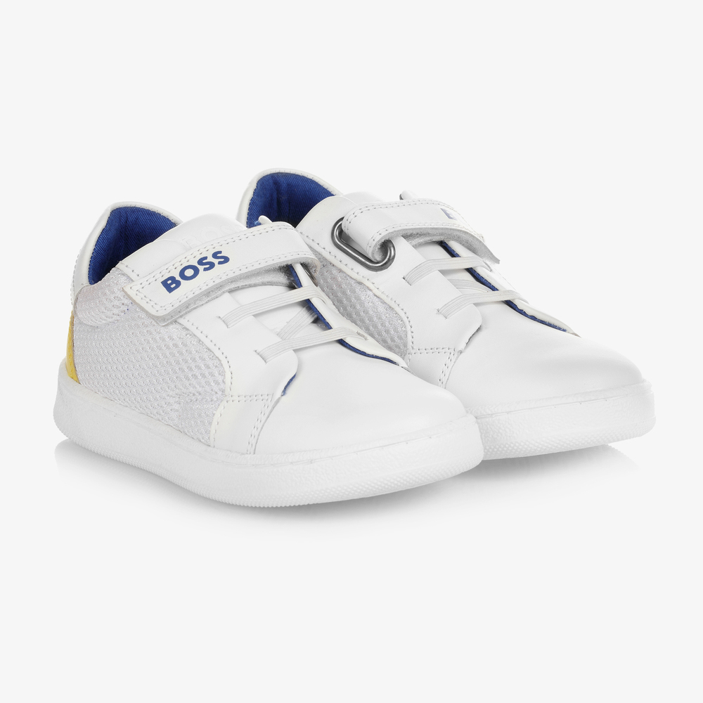 BOSS - Boys White Leather Trainers | Childrensalon