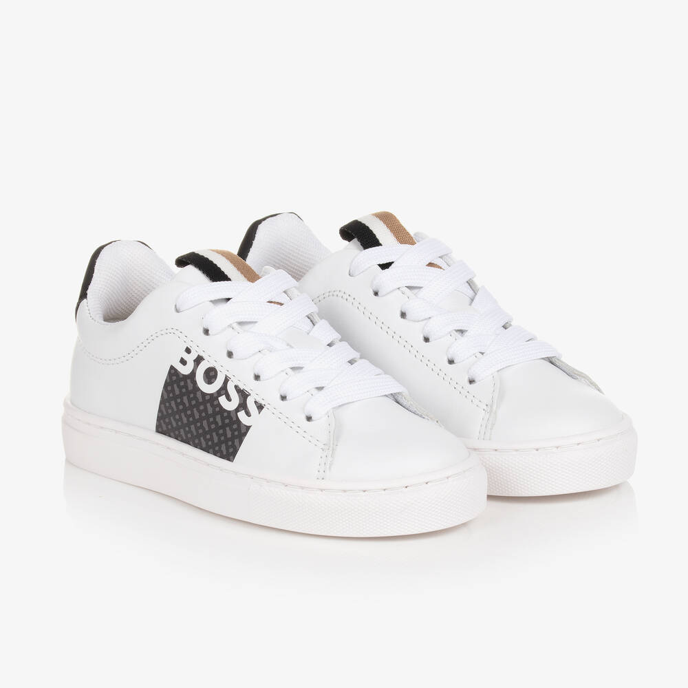 BOSS - Boys White Leather Trainers | Childrensalon