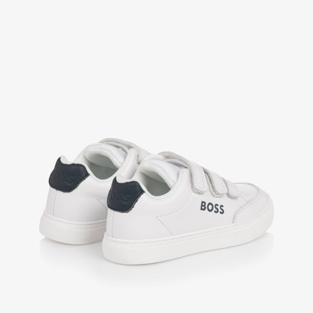 BOSS-Boys White Leather Trainers with Velcro Fastening Straps | Childrensalon Outlet