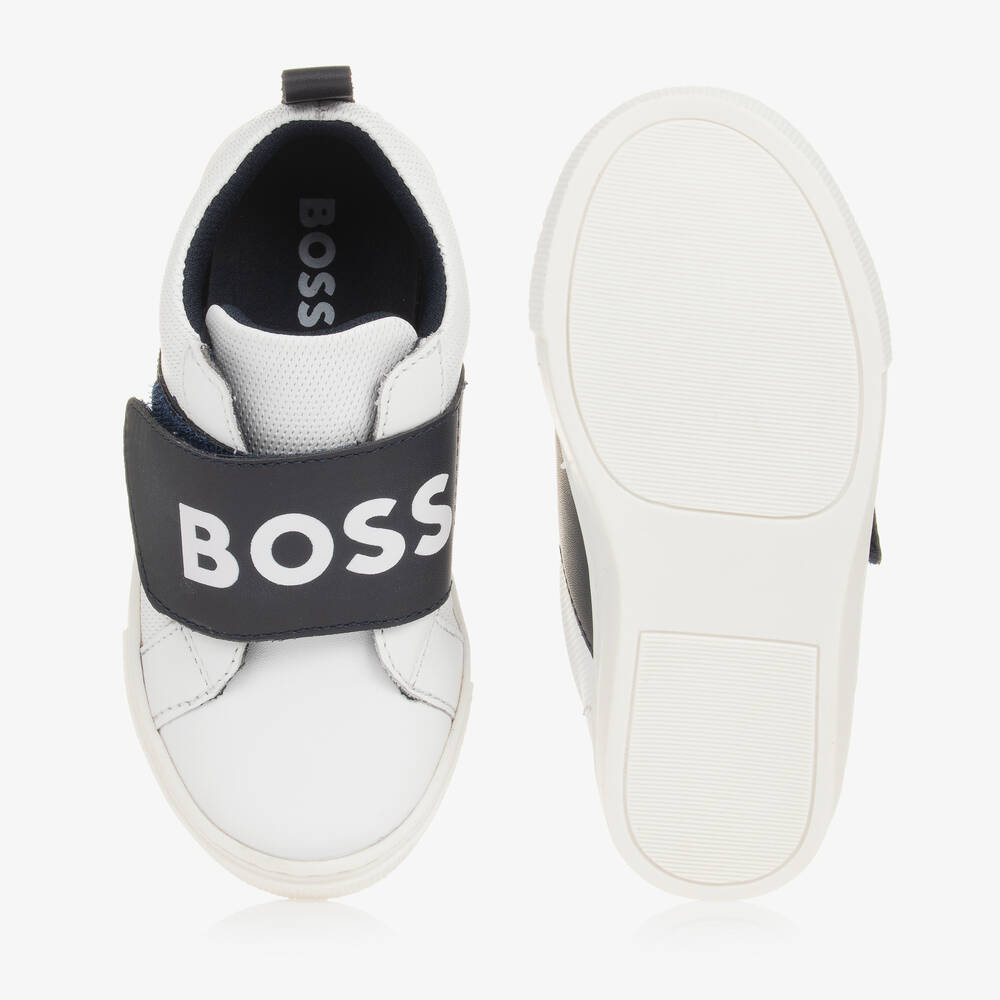 BOSS-Boys White Leather Velcro Trainers  | Childrensalon Outlet