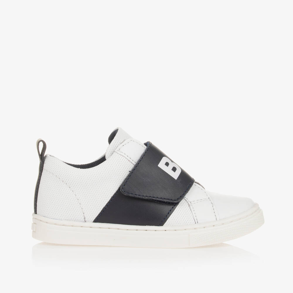 BOSS-Boys White Leather Velcro Trainers  | Childrensalon Outlet