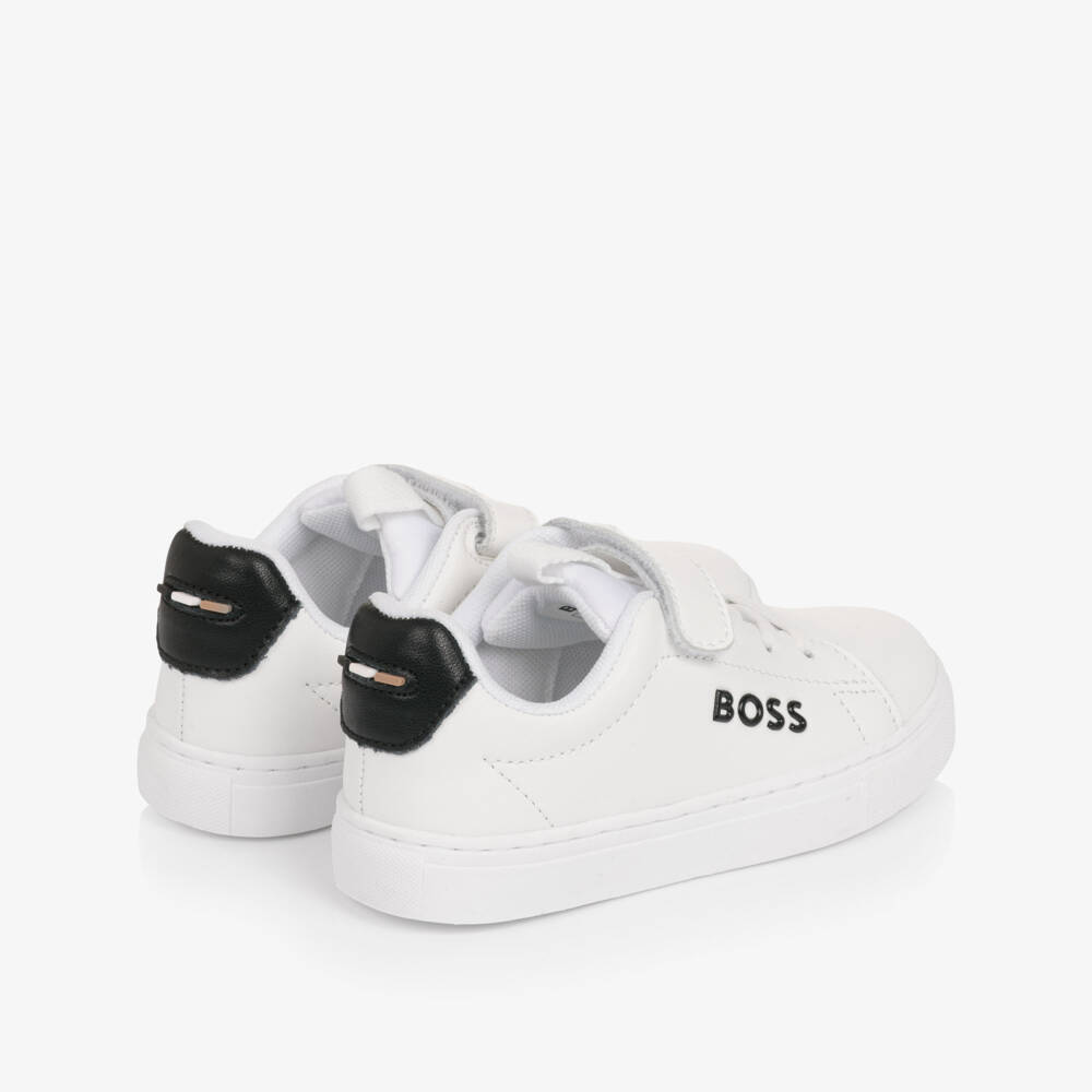 BOSS-Boys White Leather Velcro Trainers with Black Logo Detail | Childrensalon Outlet
