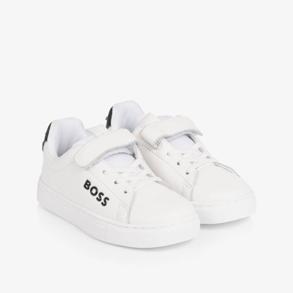 BOSS-Boys White Leather Velcro Trainers with Black Logo Detail | Childrensalon Outlet