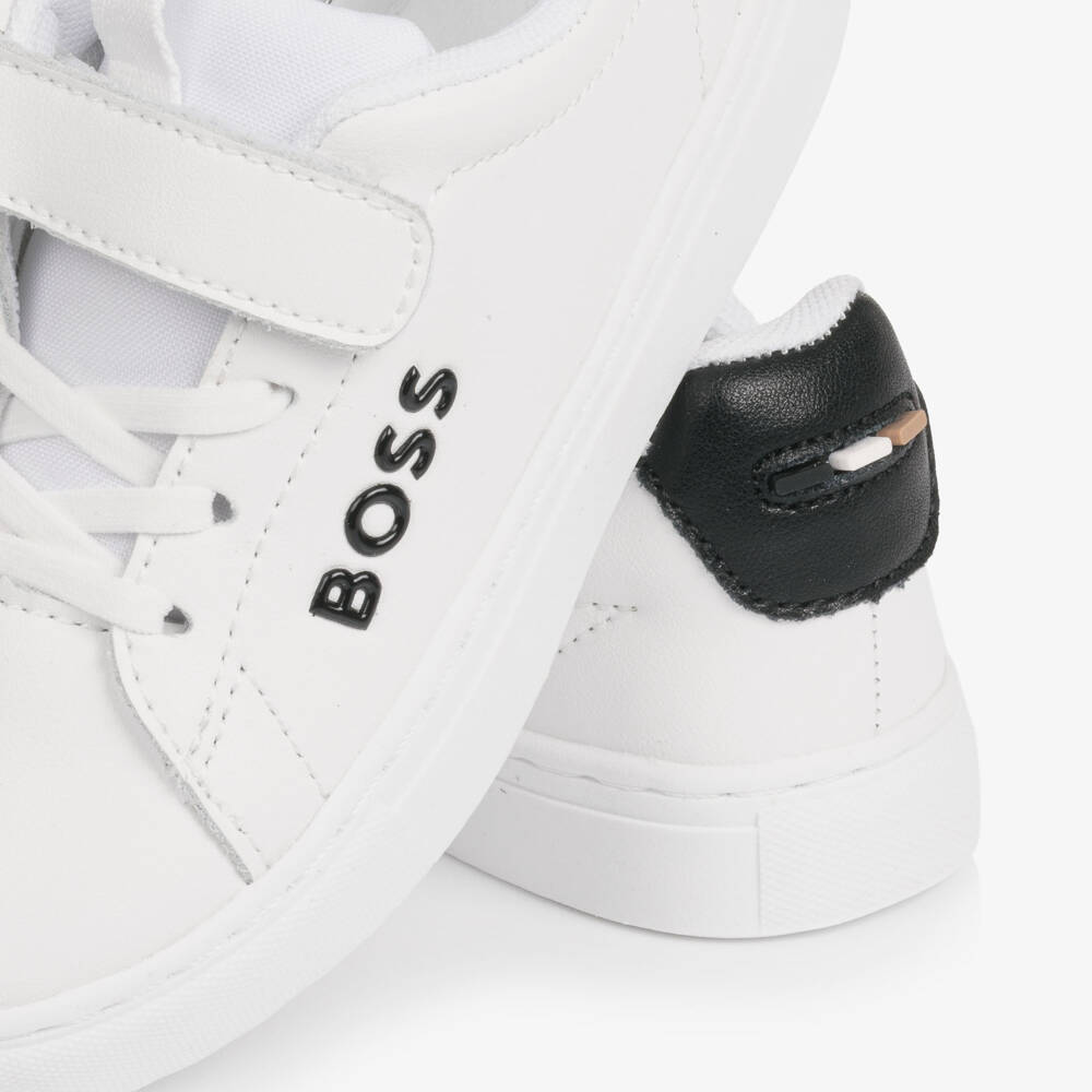 BOSS-Boys White Leather Velcro Trainers with Black Logo Detail | Childrensalon Outlet