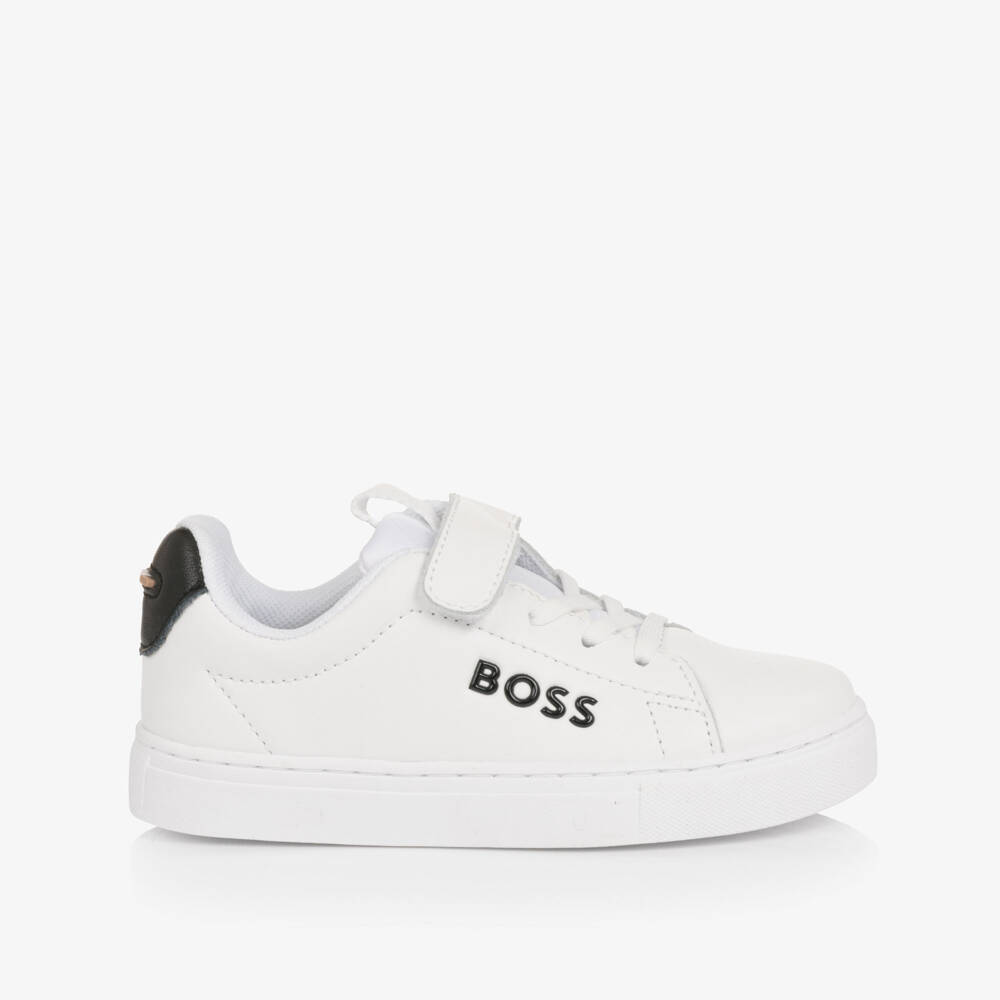 BOSS-Boys White Leather Velcro Trainers with Black Logo Detail | Childrensalon Outlet