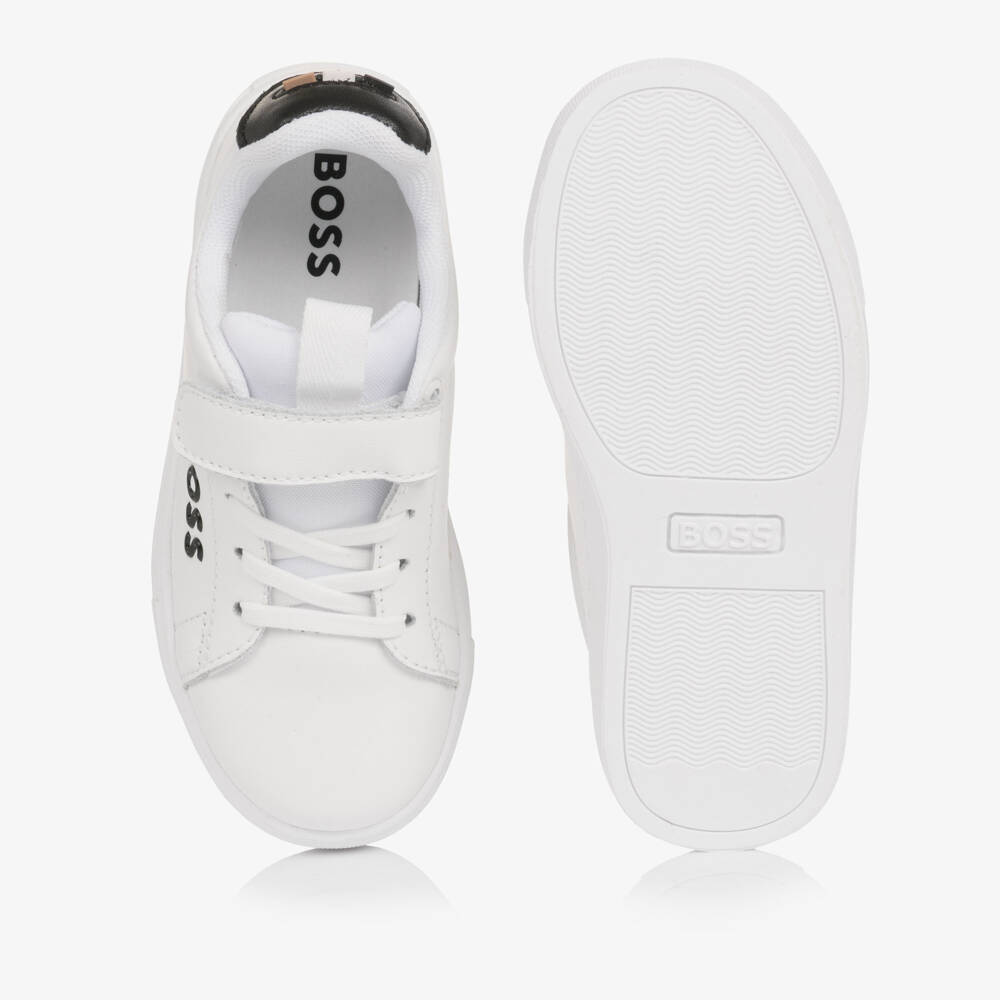 BOSS-Boys White Leather Velcro Trainers with Black Logo Detail | Childrensalon Outlet
