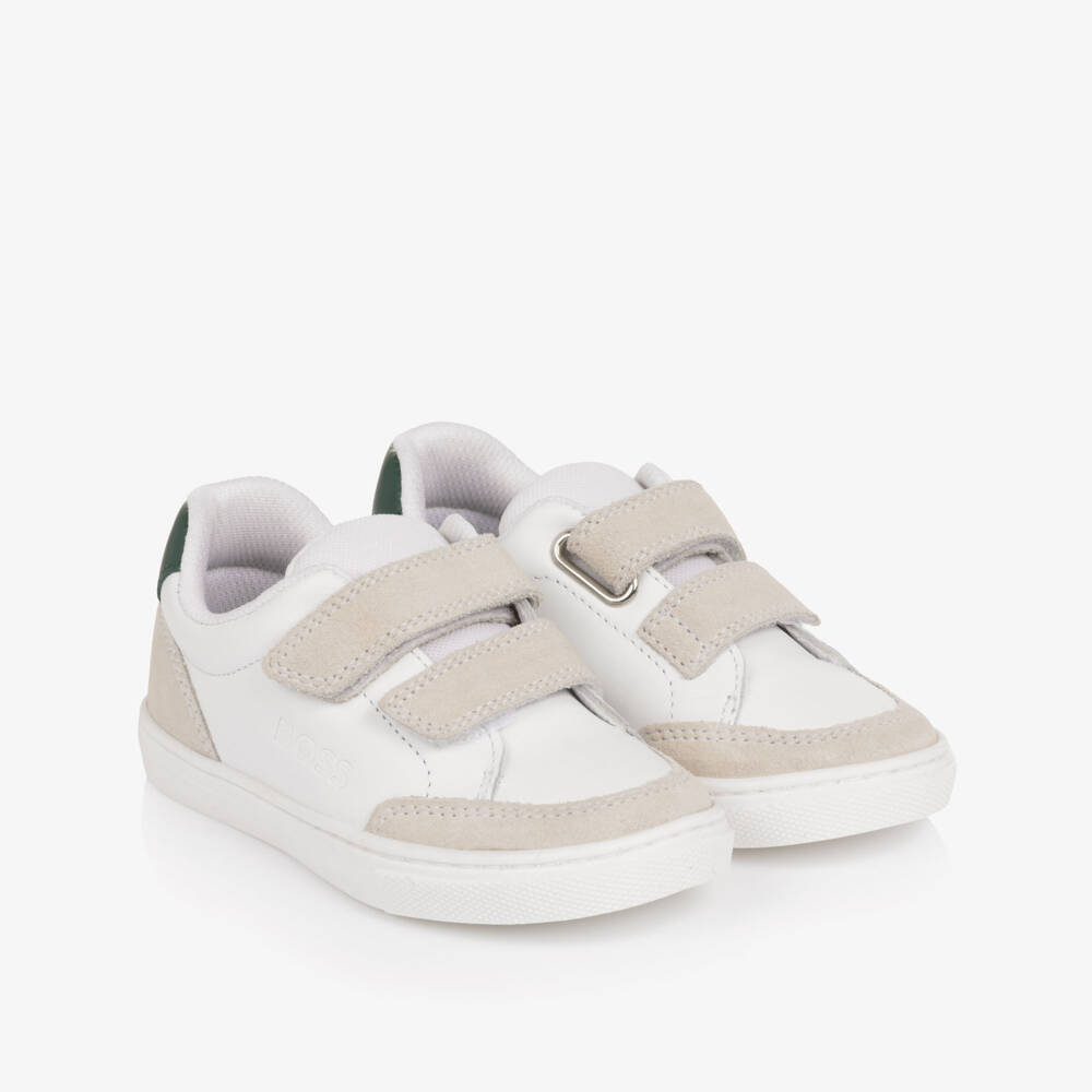 BOSS-Boys White Leather Velcro Trainers with Suede Trim | Childrensalon Outlet