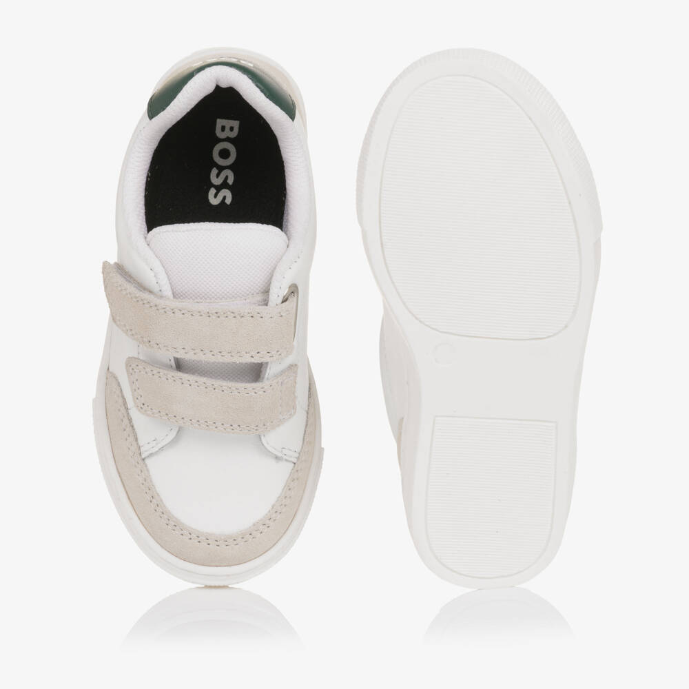 BOSS-Boys White Leather Velcro Trainers with Suede Trim | Childrensalon Outlet