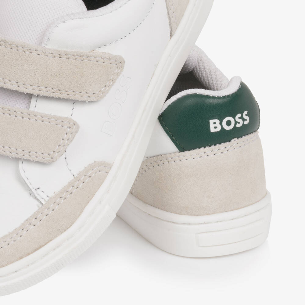 BOSS-Boys White Leather Velcro Trainers with Suede Trim | Childrensalon Outlet