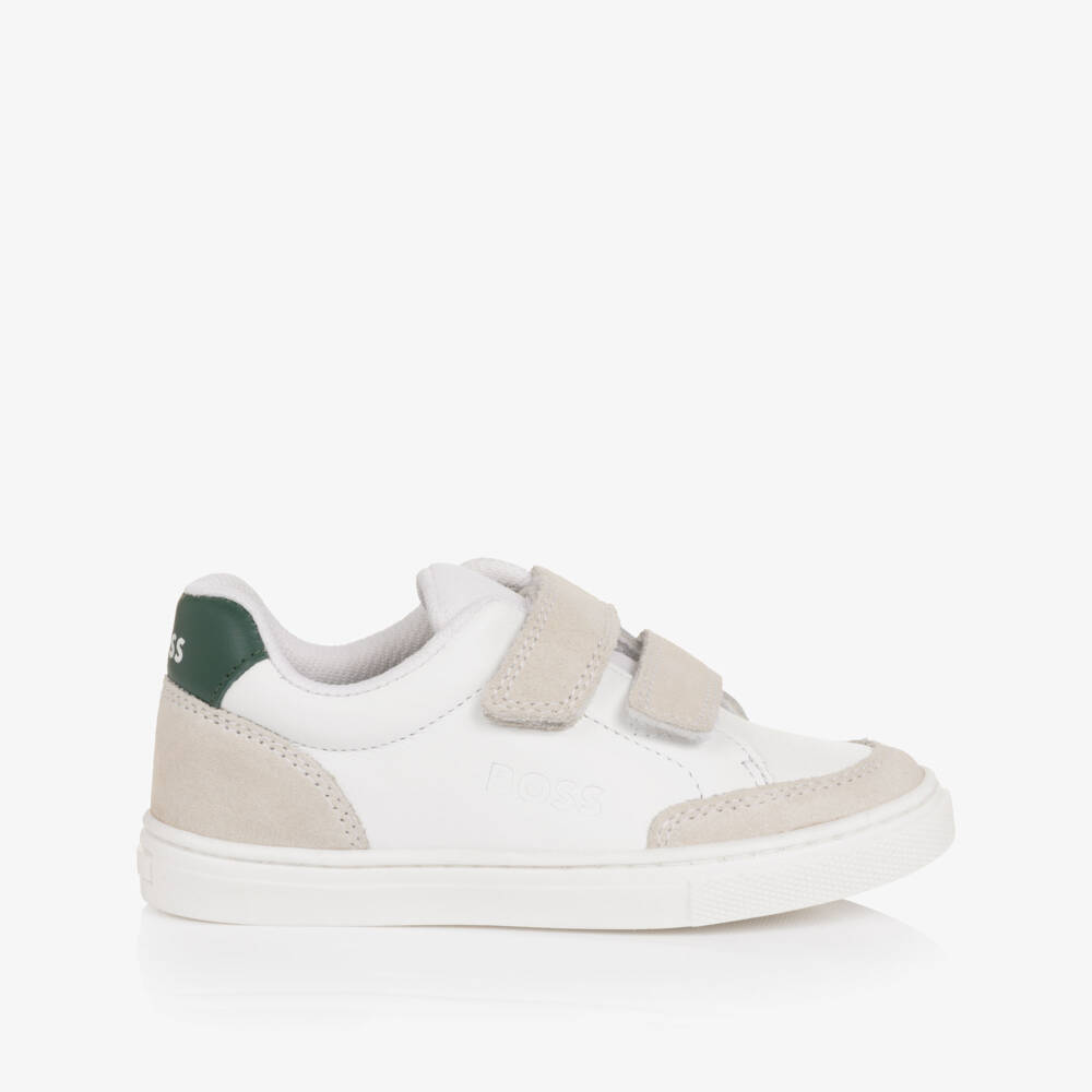 BOSS-Boys White Leather Velcro Trainers with Suede Trim | Childrensalon Outlet