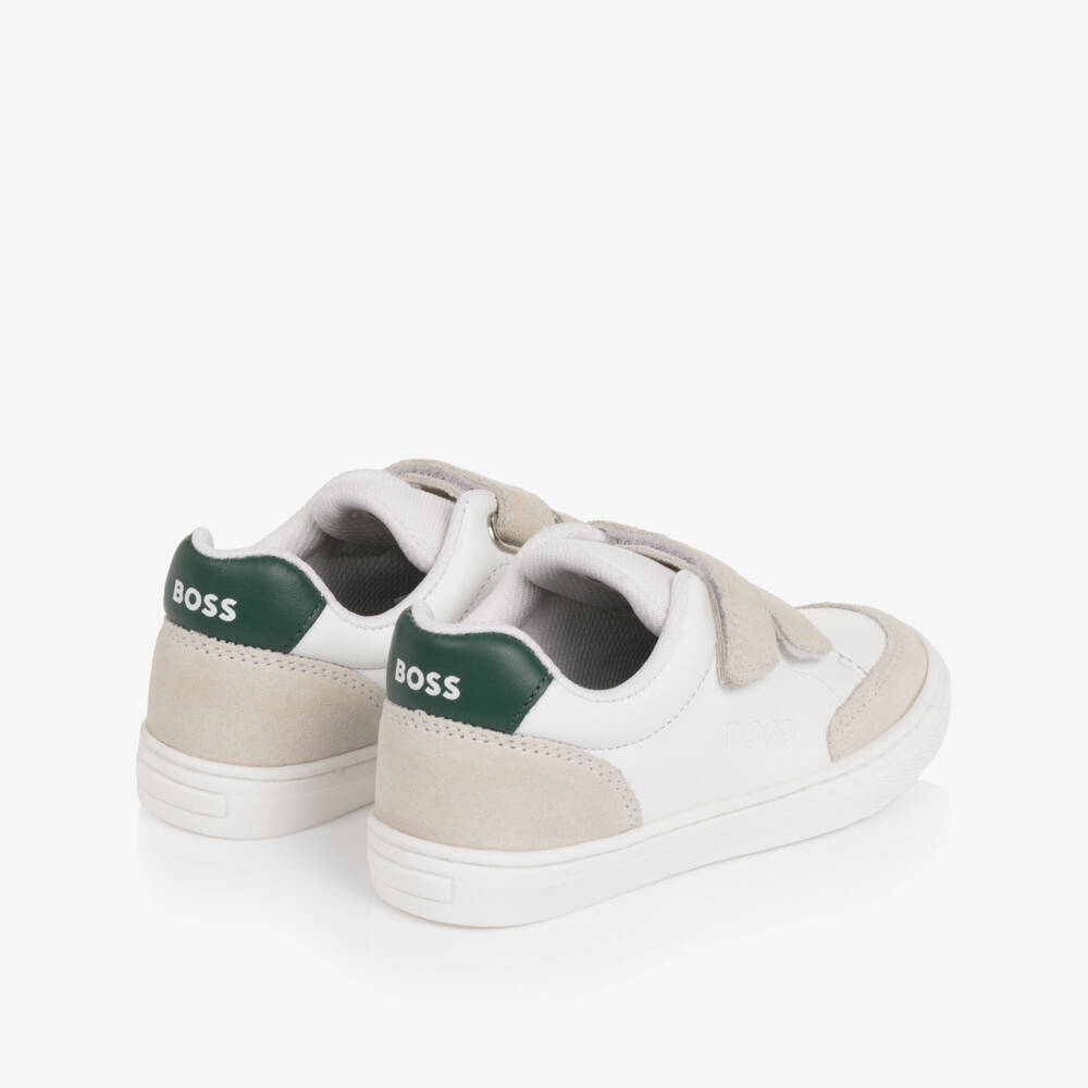 BOSS-Boys White Leather Velcro Trainers with Suede Trim | Childrensalon Outlet