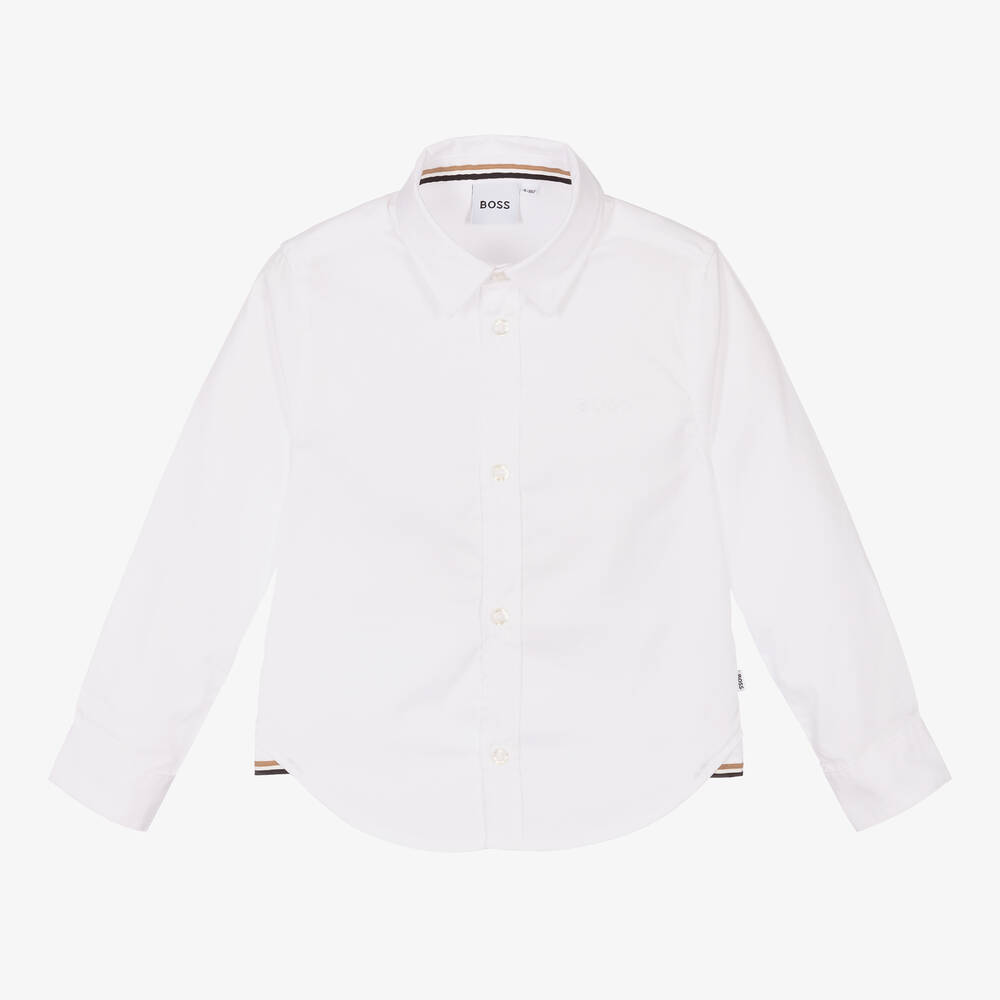 BOSS - Boys White Logo Cotton Shirt | Childrensalon